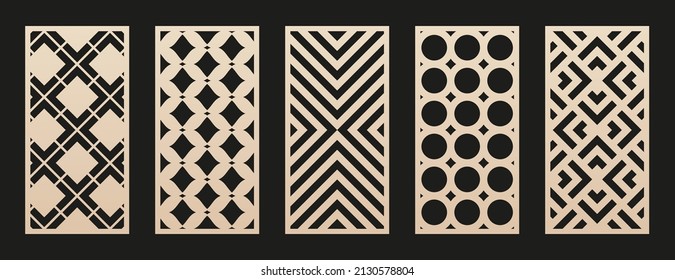 Laser cut patterns. Vector collection of cutting templates with abstract geometric ornament, squares, circles, lines, stripes, chevron, grid. Stencil for laser cut of wood, metal. Aspect ratio 1:2