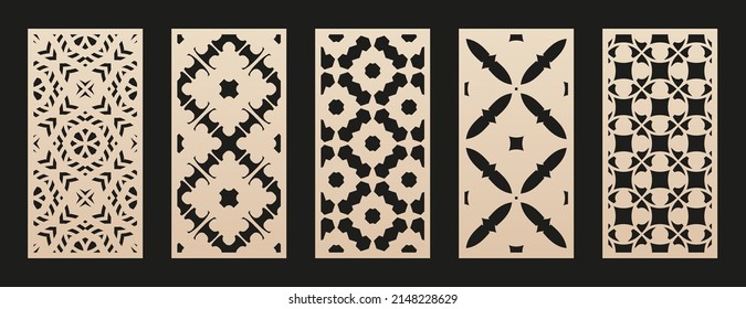 Laser cut patterns. Vector collection of floral geometric ornaments, abstract grid. Moroccan style design. Template for cnc cutting, decorative panels of wood, metal, acrylic, paper. Aspect ratio 1:2