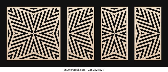 Laser cut patterns. Vector collection with abstract geometric lines, stripes. Modern geometry panels. Trendy decorative stencil for laser cutting of wood, metal, plastic, paper. Aspect ratio 1:1, 1:2