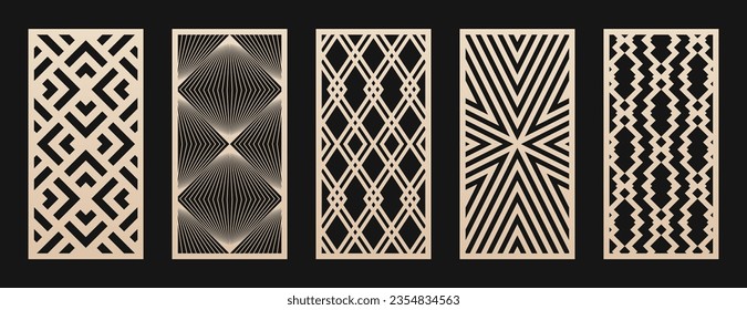 Patrones de corte láser. Colección vectorial de plantillas de corte CNC con ornamento geométrico abstracto, rejilla, malla, líneas, chevron. Esténcil decorativo para corte láser de madera, metal, plástico. Relación de aspecto 1:2