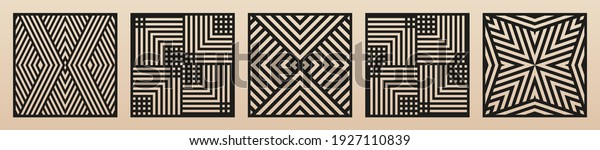 Laser cut patterns. Vector collection of square\
cutting templates with abstract geometric ornament, lines, stripes,\
chevron. Decorative stencil for laser cut of wood, metal, plastic.\
Aspect ratio 1:1