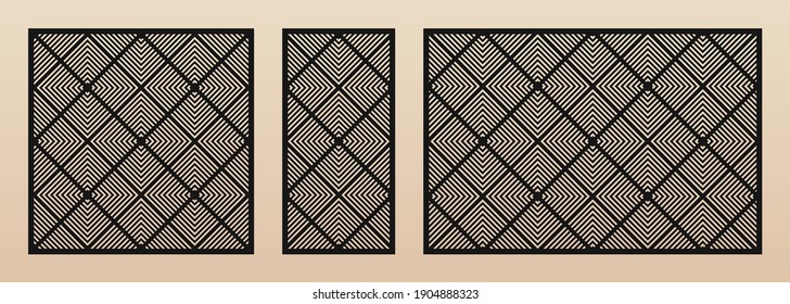 Laser cut patterns. Vector design with modern geometric ornament, diamond grid, diagonal lines. Template for cnc cutting, decorative panels of wood, metal, plastic, plywood. Aspect ratio 1:2, 1:1, 3:2