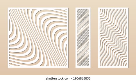 Laser cut patterns. Vector design with abstract geometric ornament, waves, curved lines, stripes. Template for cnc cutting, decorative panels of wood, metal, plastic, paper. Aspect ratio 1:1, 1:4, 1:2