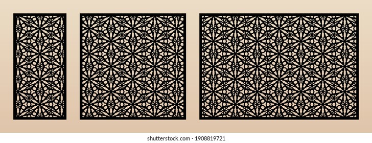 Laser cut patterns. Vector design with elegant geometric ornament, abstract floral grid, snowflake silhouettes. Template for cnc cutting, decorative panels of wood, metal. Aspect ratio 1:2, 1:1, 3:2