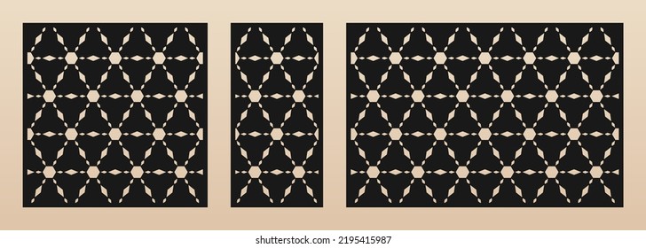 Laser cut patterns. Vector design with geometric ornament, abstract triangular grid, diamonds, hexagons. Elegant template for cnc cutting, decorative panels of wood, metal. Aspect ratio 1:1, 1:2, 3:2