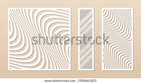 Laser cut patterns. Vector design with abstract\
geometric ornament, waves, curved lines, stripes. Template for cnc\
cutting, decorative panels of wood, metal, plastic, paper. Aspect\
ratio 1:1, 1:4, 1:2