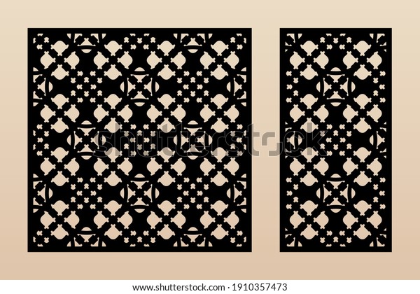 Laser cut patterns. Vector design with elegant\
geometric ornament in Arabesque style, abstract floral grid.\
Template for cnc cutting, decorative panels of wood, metal,\
plastic. Aspect ratio 1:1,\
1:2
