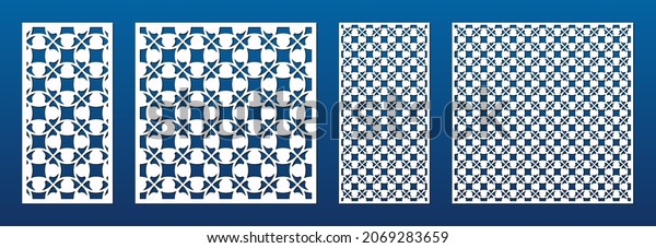 Laser cut patterns. Vector design with elegant\
geometric ornament, abstract grid, floral shapes. Arabian style\
design. Template for cnc cutting, decorative panels of wood, metal.\
Aspect ratio 1:2, 1:1