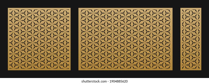 Laser cut patterns. Vector set with geometric ornaments in Oriental style, hexagonal grid. Elegant minimal stencil for laser cutting of metal, wood, decorative panel. Aspect ratio 1:1, 3:2, 1:3