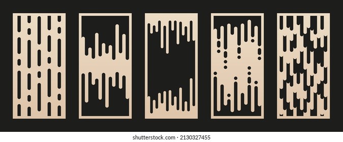 Laser cut patterns. Vector set with abstract geometric ornament with liquid lines, stripes. Modern minimal design. Decorative stencil for laser cutting of wood, metal, plastic, paper. Aspect ratio 1:2