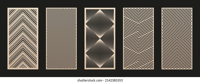 Laser cut patterns. Vector set with abstract geometric ornament, lines, stripes, chevron, zigzag. Optical illusion effect. Stencil for laser cut of wood, metal, plastic, paper. Aspect ratio 1:2