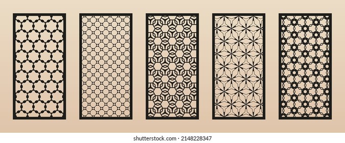 Laser cut patterns. Vector set of modern geometric ornaments, abstract grid, mesh. Arabian style design. Template for cnc cutting, decorative panels of wood, metal, paper, plastic. Aspect ratio 1:2