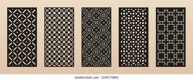 Laser cut patterns. Vector set with floral geometric ornament, abstract grid, mesh. Traditional oriental style design. Template for cnc cutting, decorative panels of wood, metal. Aspect ratio 1:2
