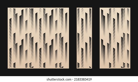 Laser cut patterns. Vector set with abstract geometric texture, halftone lines, fading stripes, tracks. Decorative stencil for laser cutting of wood panel, metal, plastic. Aspect ratio 1:1, 1:4, 1:2