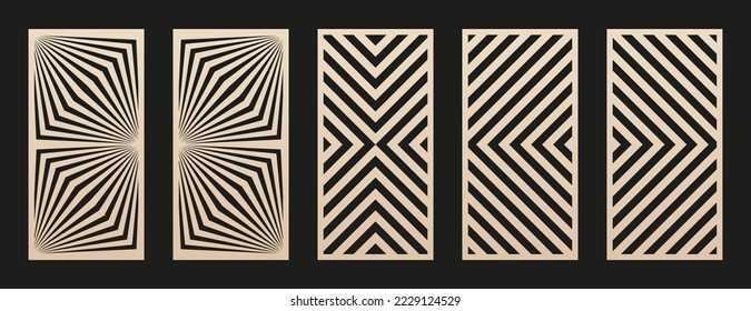 Patrones de corte láser. Conjunto vectorial con ornamento geométrico abstracto, líneas, rayas, chevron. Las texturas geo de moda. Lápiz decorativo para corte láser de madera, metal, plástico, papel. Relación de aspecto 1:2