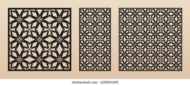 Laser cut patterns. Vector set with floral geometric ornament, abstract grid, mesh. Traditional Asian style design. Template for cnc cutting, decorative panels of wood, metal. Aspect ratio 1:2, 1:1