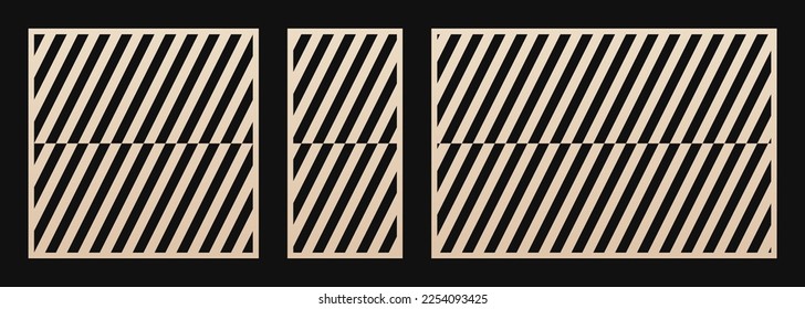 Laser cut patterns. Vector set with abstract geometric ornament, lines, diagonal stripes. Optical illusion effect. Decorative stencil for CNC, laser cutting of wood, metal. Aspect ratio 1:1, 1:2, 3:2