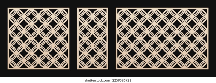 Laser cut patterns. Vector set of oriental geometric ornaments with diamond grid, mesh, abstract flower silhouettes. Elegant template for cnc cutting, decorative panels. Aspect ratio 1:1, 1:2, 3:2