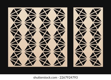 Laser cut patterns. Vector set with abstract geometric grid, lines, triangles, zigzag. Modern geometry panels. Decorative stencil for CNC cutting of wood, metal, plastic, paper. Aspect ratio 1:1, 1:2