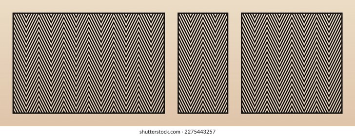 Laserschnitt-Muster. Vektorset mit abstrakten geometrischen Linien, Zickzack, Chevron. Moderne Geometrie. Dekorative Schablone zum Laserschneiden von Holz, Metall, Kunststoff, Papier. Seitenverhältnis 3:2, 1:2, 1:1