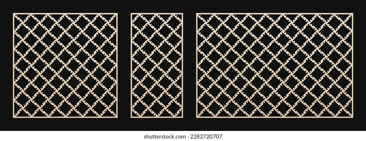 Laser cut patterns. Vector set with abstract geometric ornament, square grid, lattice. Modern ethnic style panels. Decorative stencil for CNC cutting of wood, metal. Aspect ratio 1:1, 1:2, 3:2