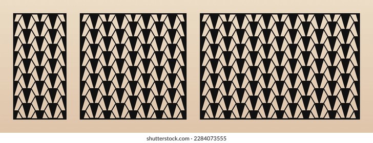 Laser cut patterns. Vector set with abstract geometric ornament, lines, hexagons, triangles, grid. Decorative stencil for laser, CNC cutting of wood, metal, plastic, paper. Aspect ratio 1:2, 1:1, 3:2