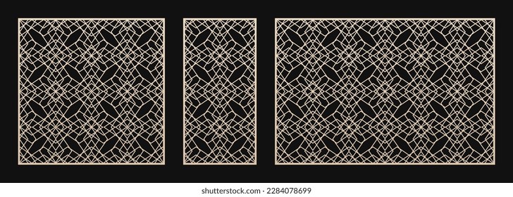 Laser cut patterns. Vector set with abstract geometric ornament in Arabesque Oriental style, elegant grid. Decorative stencil for laser, CNC cutting of wood, metal, plastic. Aspect ratio 1:1, 1:2, 3:2