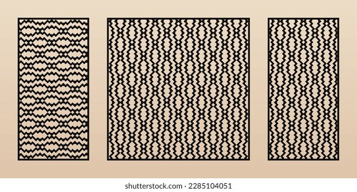 Laser cut patterns. Vector set with abstract geometric ornament, grid, chevron, zigzag lines. Modern ethnic style panels. Decorative stencil for CNC cutting of wood, metal. Aspect ratio 1:1, 1:2
