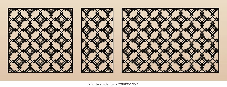 Laser cut patterns. Vector set with abstract geometric ornament, square grid, thin lines, lattice. Modern geometry panels. Decorative stencil for CNC cutting of wood, metal. Aspect ratio 1:1, 1:2, 3:2