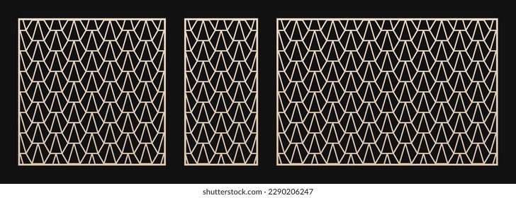 Laser cut patterns. Vector set with abstract geometric ornament, lines, hexagons, triangles, grid. Decorative stencil for laser, CNC cutting of wood, metal, plastic, paper. Aspect ratio 1:2, 1:1, 3:2