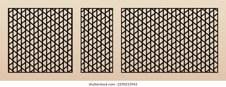 Laser cut patterns. Vector set with abstract geometric texture, curved grid, wavy lattice, mesh, lines. Modern panels. Decorative stencil for CNC cutting of wood, metal. Aspect ratio 1:1, 1:2, 3:2