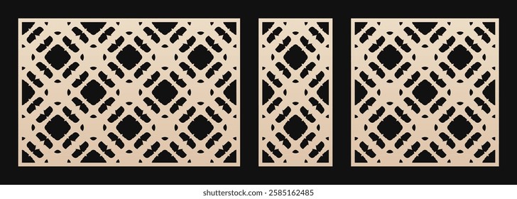 Laser cut patterns. Vector set with geometric ornaments in Oriental style, carved grid. Stencil for CNC, laser cutting of metal, wood, plywood, paper, decorative panel. Aspect ratio 3:2, 1:2, 1:1