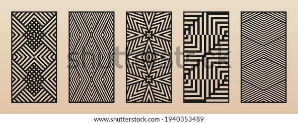 Laser cut patterns. Vector set with abstract\
geometric ornament, lines, stripes, chevron. Optical illusion\
effect. Decorative stencil for laser cutting of wood, metal,\
plastic, paper. Aspect ratio\
1:2