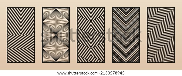 Laser cut patterns. Vector set with abstract\
geometric texture, lines, stripes, grid, chevron. Stencil for laser\
cutting of wood panel, metal, plastic, acryl, paper. Trendy design.\
Aspect ratio 1:2