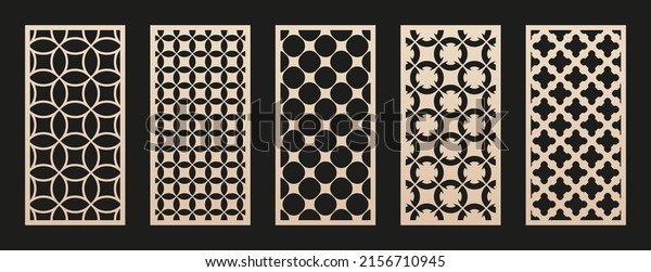 Laser cut patterns. Vector set of oriental geometric ornaments with grid, mesh, circles, flower silhouettes. Elegant template for cnc cutting, decorative panels of wood, paper, metal. Aspect ratio 1:2