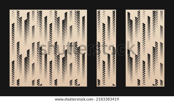 Laser cut patterns. Vector set with abstract\
geometric texture, halftone lines, fading stripes, tracks.\
Decorative stencil for laser cutting of wood panel, metal, plastic.\
Aspect ratio 1:1, 1:4,\
1:2