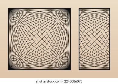 Laser cut patterns. Vector square cutting templates with abstract geometric ornament, lines, grid, net, optical illusion. Decorative stencil for CNC cut of wood, metal, plastic. Aspect ratio 1:1, 1:2