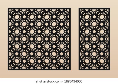 Laser cut patterns. Vector template set with geometric ornament in Oriental style, floral grid, mesh, lattice. Elegant stencil for laser cutting of wooden panel, metal, plastic. Aspect ratio 1:1, 1:2