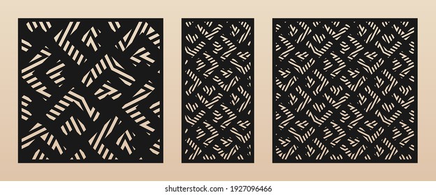 Patrones de corte láser. Plantilla vectorial con ornamento geométrico abstracto, líneas rotas, chevron, cuadrícula, escala. Lápiz decorativo para corte láser de panel de madera, metal, papel. Relación de aspecto 1:2, 1:1