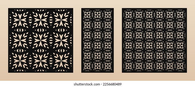 Laser cut patterns. Vector template with abstract geometric texture in Arabian style, floral grid ornament. Decorative stencil panel for laser cutting of wood, metal, engraving. Aspect ratio 1:2, 1:1