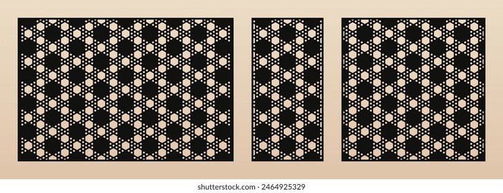 Laser cut patterns. Vector template set with abstract geometric texture, perforated hexagonal grid, mesh. Decorative stencil for CNC, laser cutting of wood, metal, paper. Aspect ratio 3:2, 1:2, 1:1
