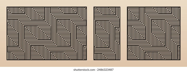 Laser cut patterns. Vector template with abstract geometric ornament, lines, stripes, chevron. Decorative stencil for laser cutting of wood, metal, plastic, paper, plywood. Aspect ratio 3:2, 1:2, 1:1