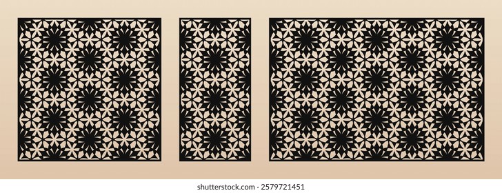 Laser cut patterns. Vector template with abstract geometric ornament in oriental style, floral grid ornament. Decorative stencil for CNC cutting of wood, metal, engraving. Aspect ratio 1:1, 1:2, 3:2