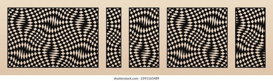 Laser cut patterns. Vector template with abstract geometric texture, distorted checkered grid, groovy shapes. Decorative stencil for CNC cutting of wood, metal, paper. Aspect ratio 3:2, 1:4, 1:1, 1:2