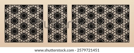 Laser cut patterns. Vector template with abstract geometric ornament in oriental style, floral grid ornament. Decorative stencil for CNC cutting of wood, metal, engraving. Aspect ratio 1:1, 1:2, 3:2