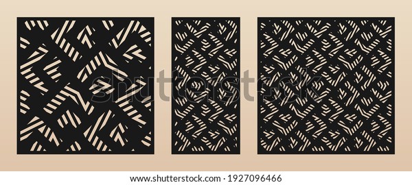 Laser cut patterns. Vector template with abstract\
geometric ornament, broken lines, chevron, grid, scale. Decorative\
stencil for laser cutting of wooden panel, metal, paper. Aspect\
ratio 1:2, 1:1