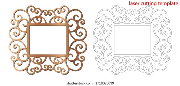 Laser cut photo frame with ornamental swirl for decoration design. Laser cut wood or metal lace frame. Ornamental pattern cutout photoframe, template for cutting. Vector illustration