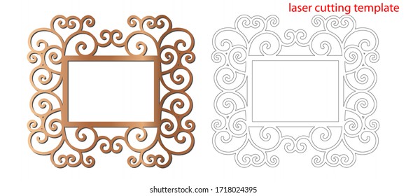 Laser cut photo frame with ornamental swirl for decoration design. Laser cut wood or metal lace frame. Ornamental pattern cutout photoframe, template for cutting. Vector illustration