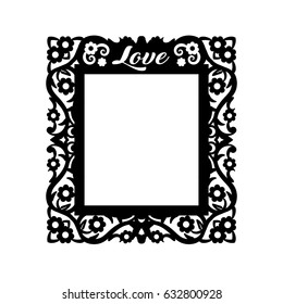 Laser cut photo frame with word love. Vector geometric metal element. Floral border. Decorative rectangular template for design. Lace illustration for invitation, greeting card.