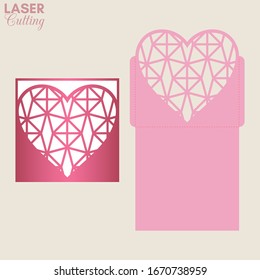 Sobre de bolsillo con motivos geométricos. Plantilla para cortar. Invitación de boda o tarjeta de felicitación valentina se burla con el corazón de encaje.